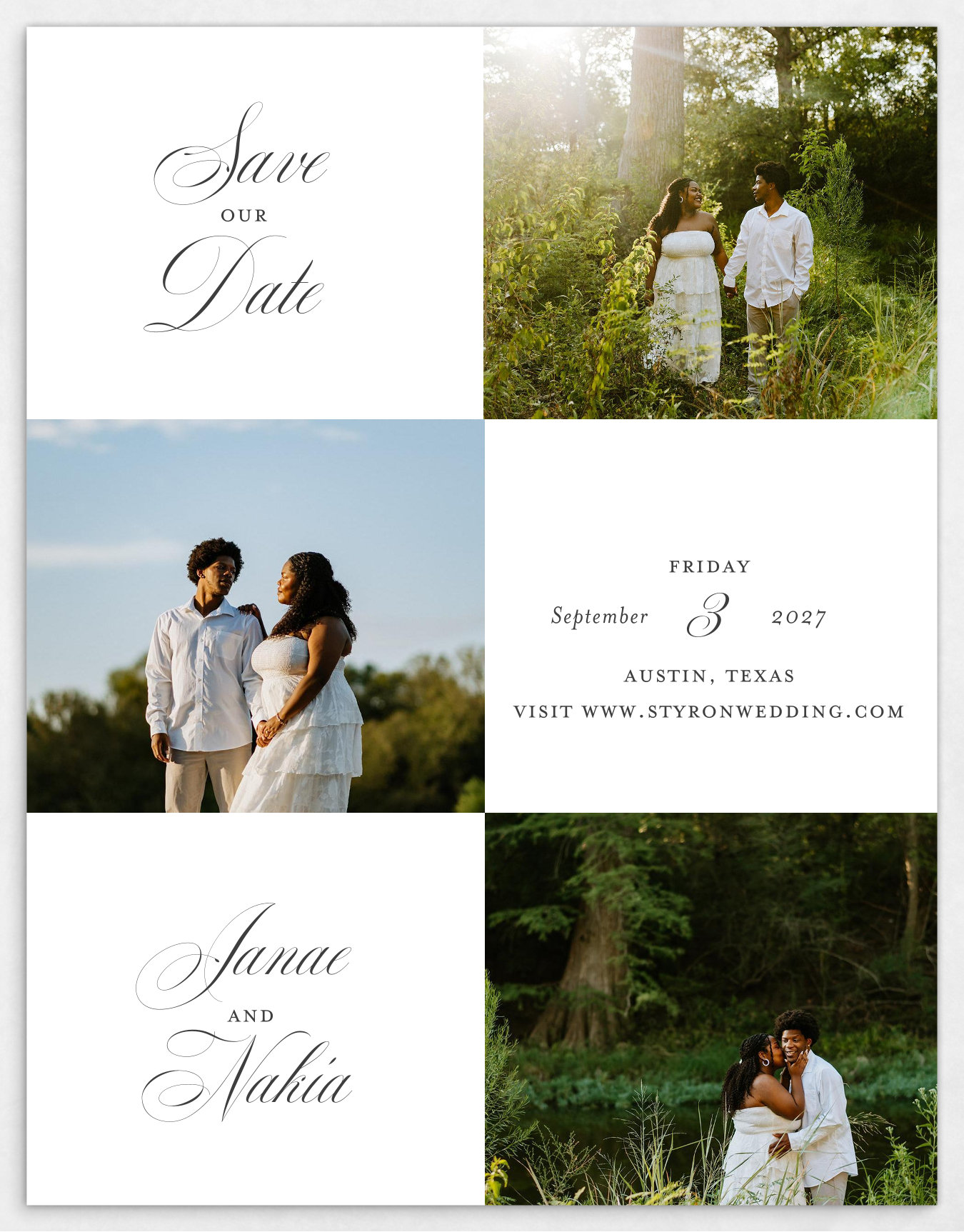 Save the date: Janae & Nakia, September 3, 2027, Austin, Texas